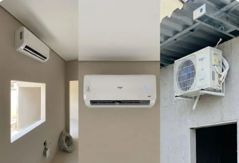 Colagem: evaporadoras Elgin instaladas na parede e condensadora fixada em suporte externo