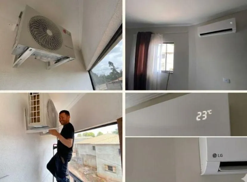 Colagem: condensadora LG em suporte, técnico sorrindo na escada e evaporadora LG marcando 23 °C